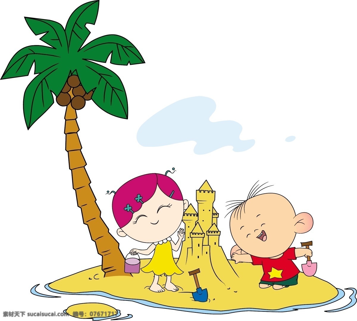 图图 大耳朵图图 玩沙子 堆城堡 椰树 卡通 儿童幼儿 矢量人物 矢量