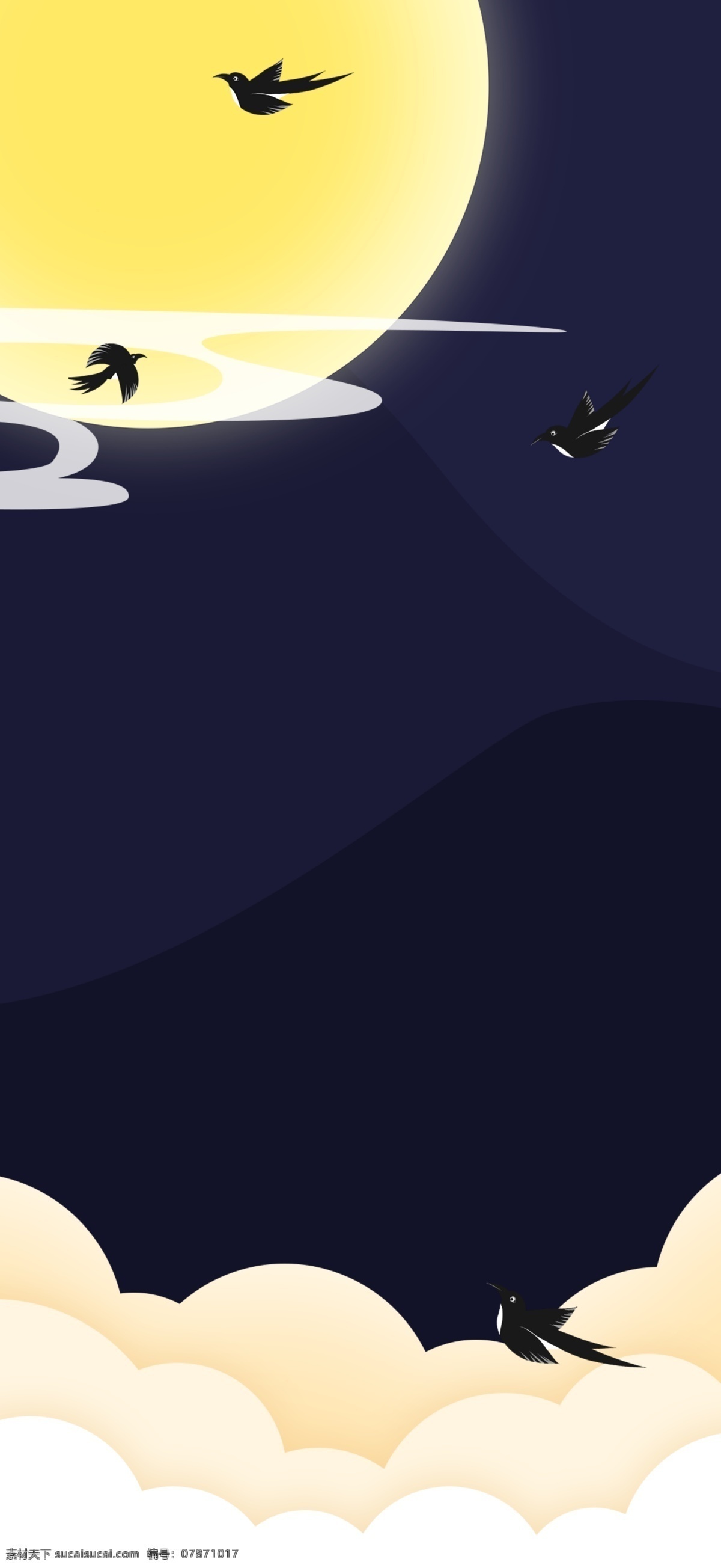 金色 明月 白云 麻 鹊 黑夜 背景 麻鹊