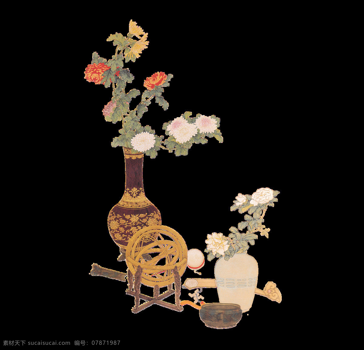 手绘 花瓶 花朵 元素 老式纺线机 复古 盆栽 装饰 免抠