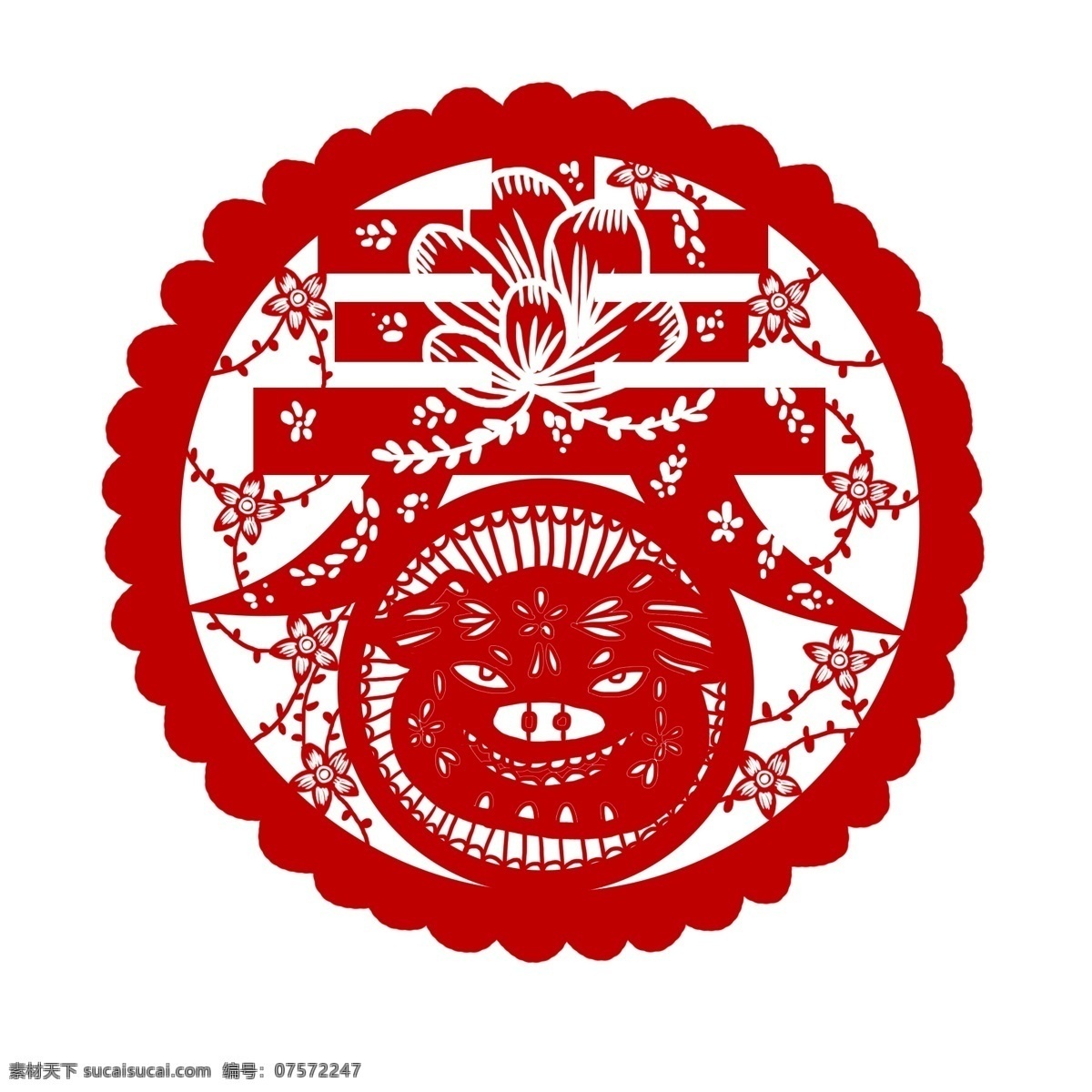 手绘 猪年 剪纸 窗花 元素 春