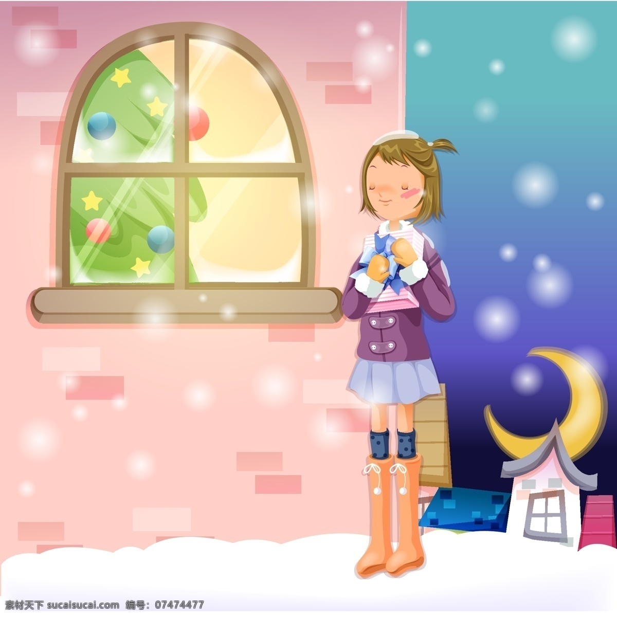 女孩 抱 礼物 站 窗外 矢量 城市 窗户 灯光 圣诞节 圣诞树 靴子 雪花 月亮 模板下载 矢量图 矢量人物