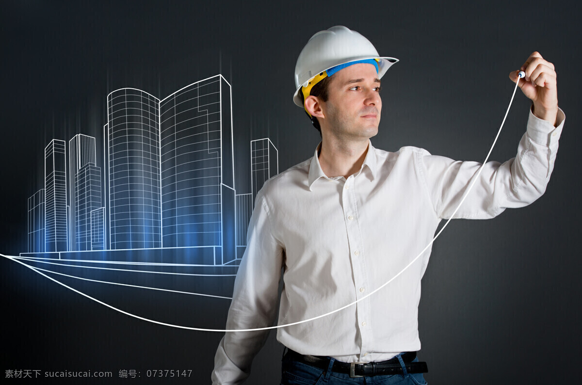 戴 安全帽 工程师 男人 外国男人 建筑 高楼建筑 建筑图 线 灯 白领 职业人物 现代商务 商务人士 人物图片
