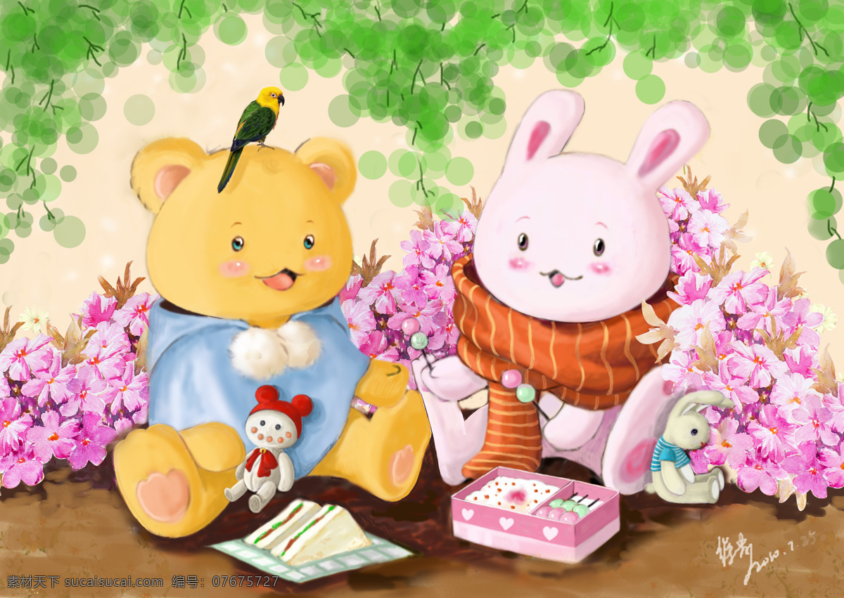 小熊小兔 小 熊 兔 野餐 手绘 卡通 绘画书法 文化艺术