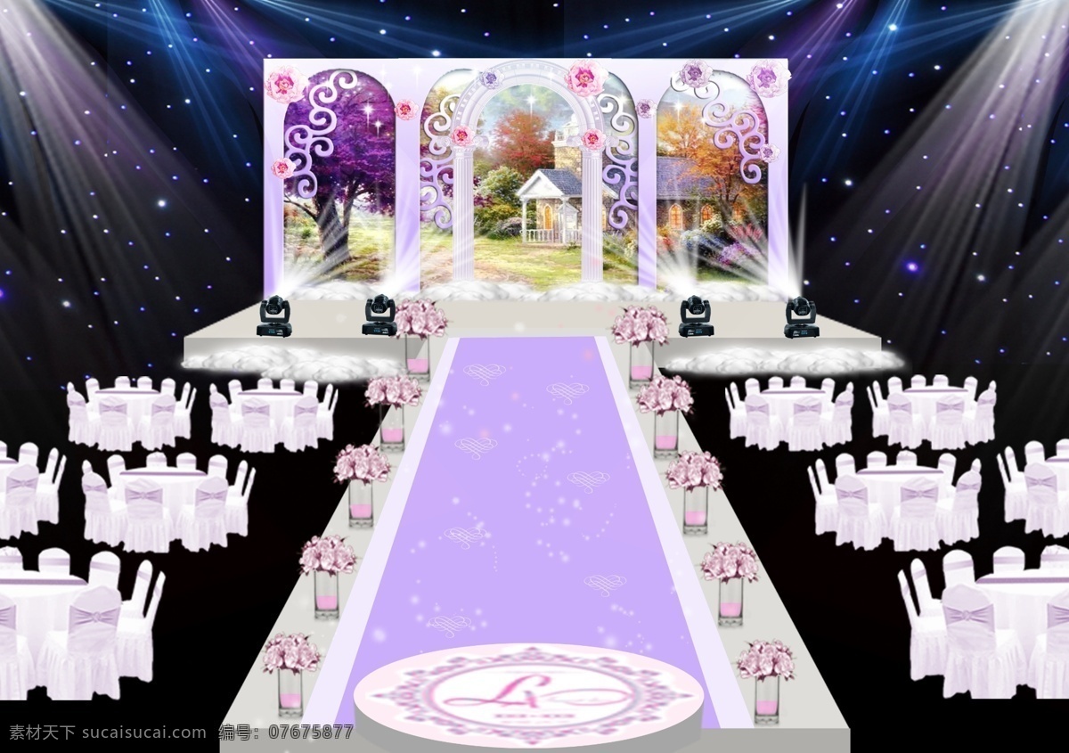 粉色城堡 油画 背景素材 粉色 拱门 紫色 婚礼素材 婚庆 灯光 星空 紫色路引 婚礼效果图 主舞台