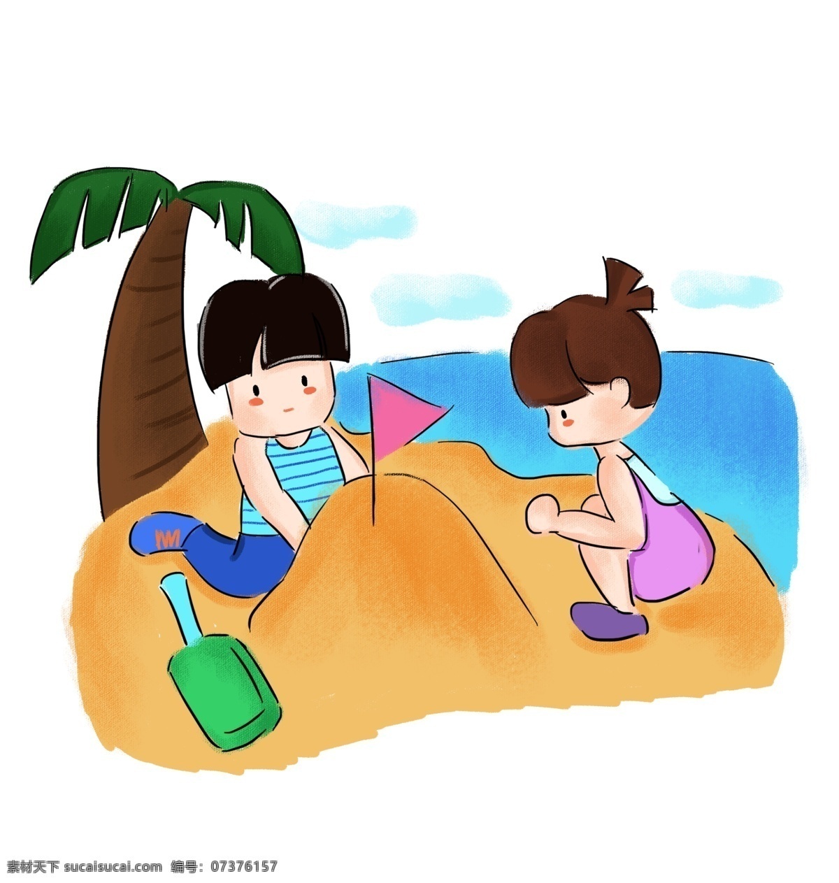 夏季 沙滩 玩 沙子 孩子 手绘 免 扣 海边 玩沙子的孩子