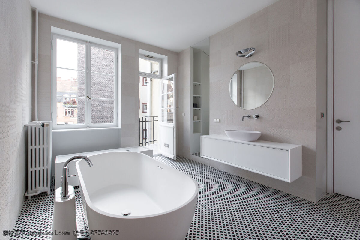 简约 卫生间 浴缸 装修 效果图 窗户 灰色地板砖 镜子 洗手盆