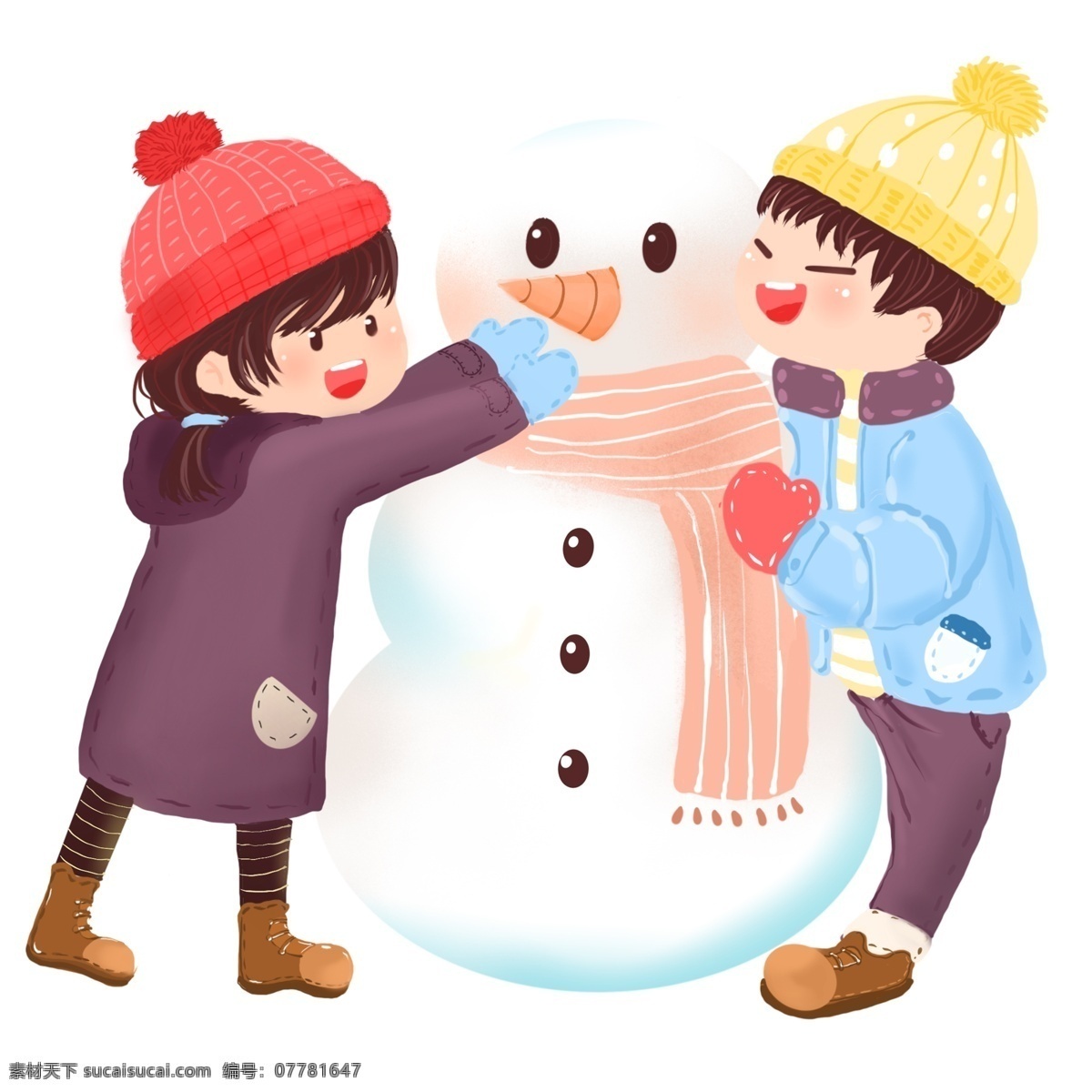 卡通 手绘 堆 雪人 孩子 可爱女孩 png元素 人物 手绘元素 男孩 堆雪人