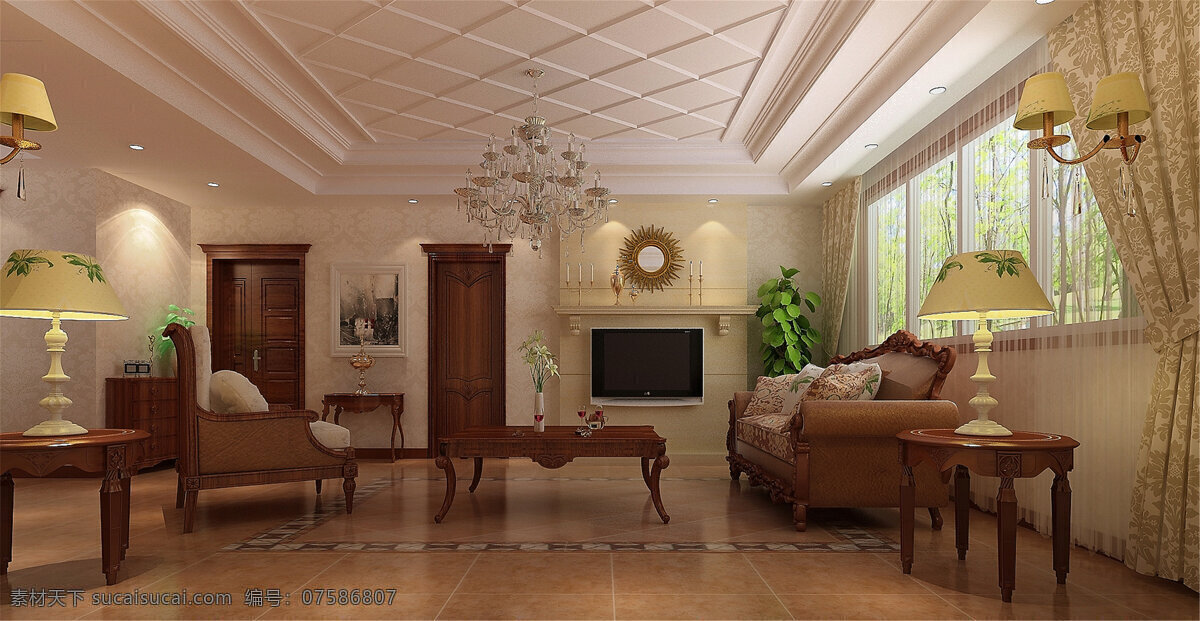 乡村地中海 地中海 客厅 模型 灯具模型 家居家具 沙发茶几 时尚客厅 室内设计 客厅模型 棕色