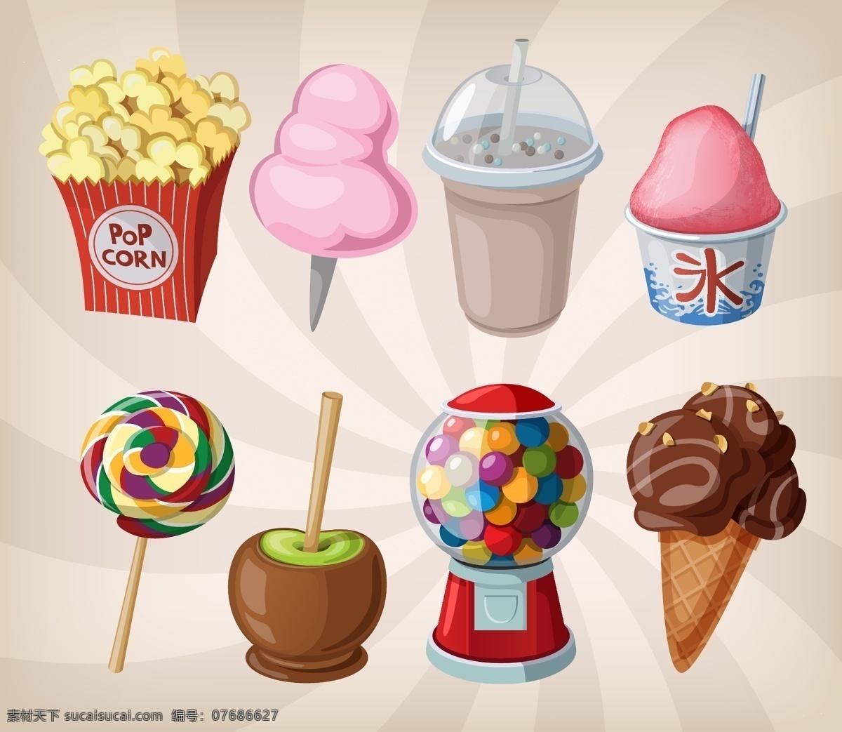 美味甜品插画 爆米花 绵花糖 咖啡 冰淇淋 棒棒糖 巧克力 美味 甜品 插画 夏天