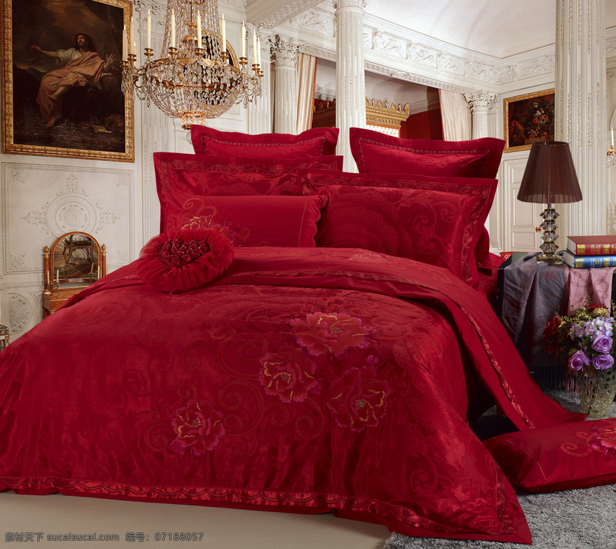床上用品 被子 红色花纹 枕头 抱枕 台灯 花朵 情意绵延 心形 地毯 油画 牡丹花 家纺 生活百科 家居生活