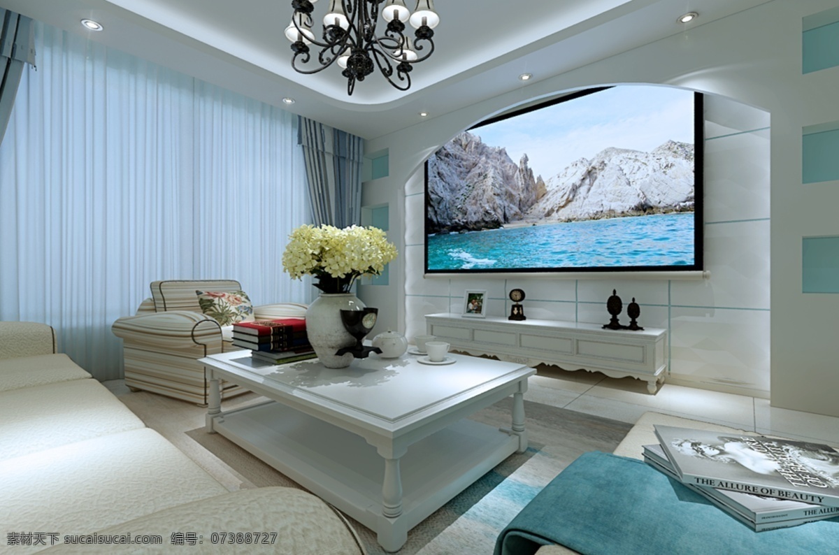 地中海 风格 客厅 效果图 蓝色 简约 清新 3d 电视背景墙 沙发背景墙 文化石 沙发组合 地毯 模型