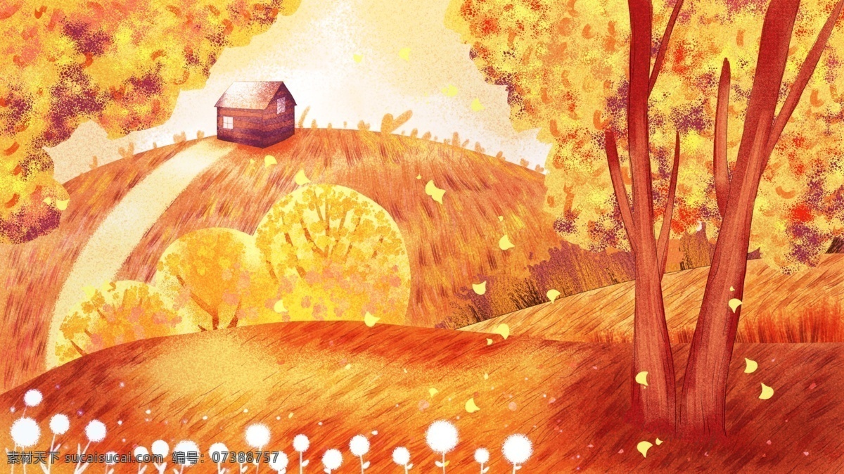 秋季 黄色 山林 卡通 背景 树木 山坡