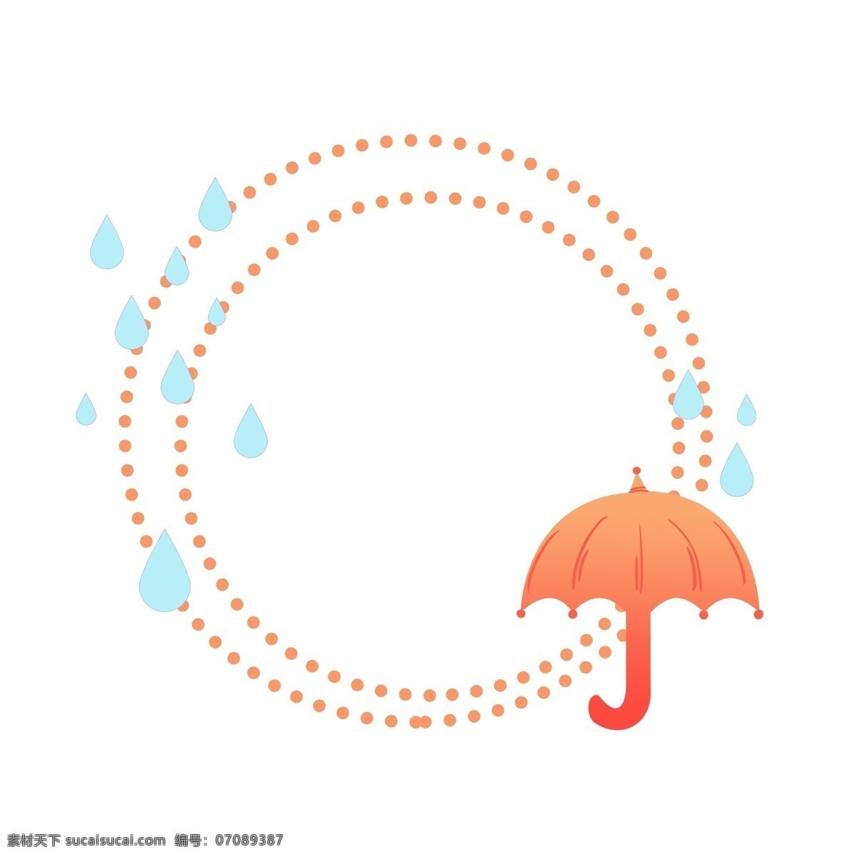 卡通 雨滴 雨伞 标签 童真 手绘 虚线 蓝色 橙色 冷色 商业海报 广告招贴 产品包装