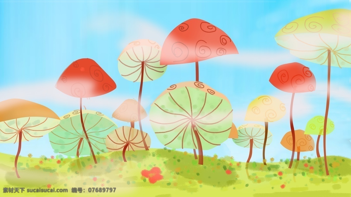 多彩 蘑菇 林 banner 背景 背景素材 背景设计 清新 手绘背景 多彩背景 水彩蘑菇 蘑菇林背景 背景psd 彩绘素材