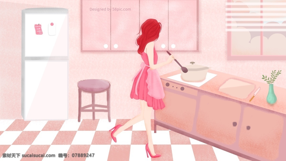 厨房 做饭 时尚女人 背 背景 人物 家居 背景图 清新背景 女人 冰箱 banner 背景素材下载 创意背景 手绘