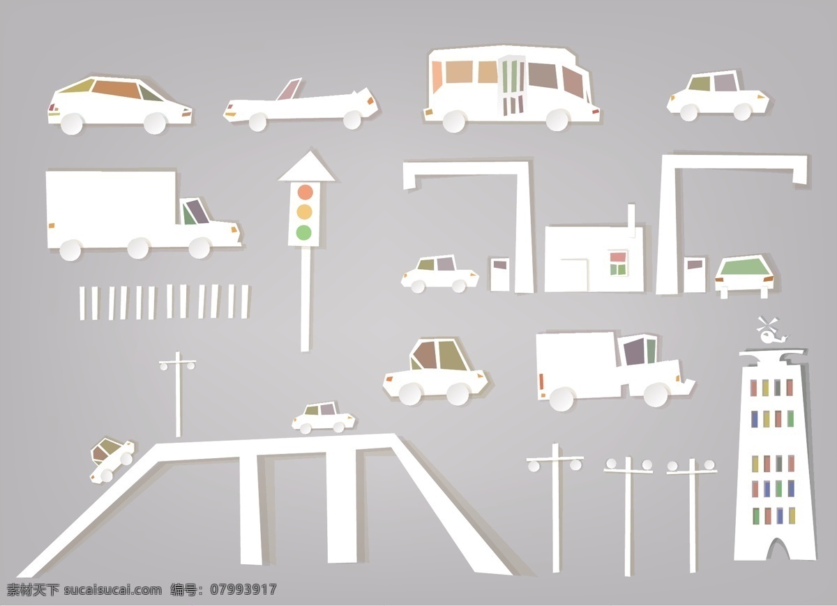 剪纸 交通工具 矢量 公共汽车 红绿灯 交通 卡车 汽车 桥梁 矢量图 日常生活