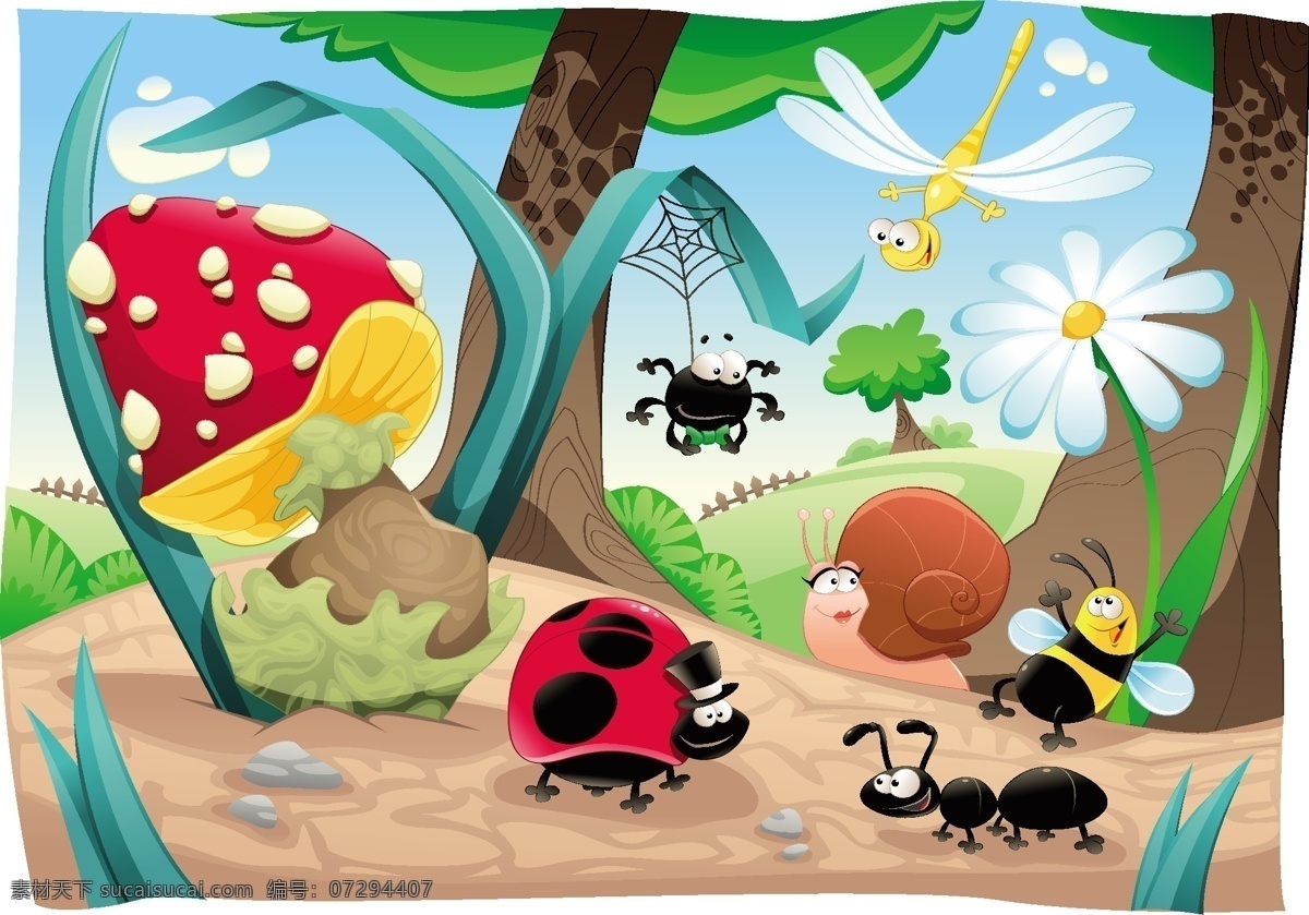 卡通 森林 昆虫 插画 矢量 蘑菇 蜻蜓 蜜蜂 蚂蚁 瓢虫 蜘蛛 菊花 蜗牛 草地 矢量图