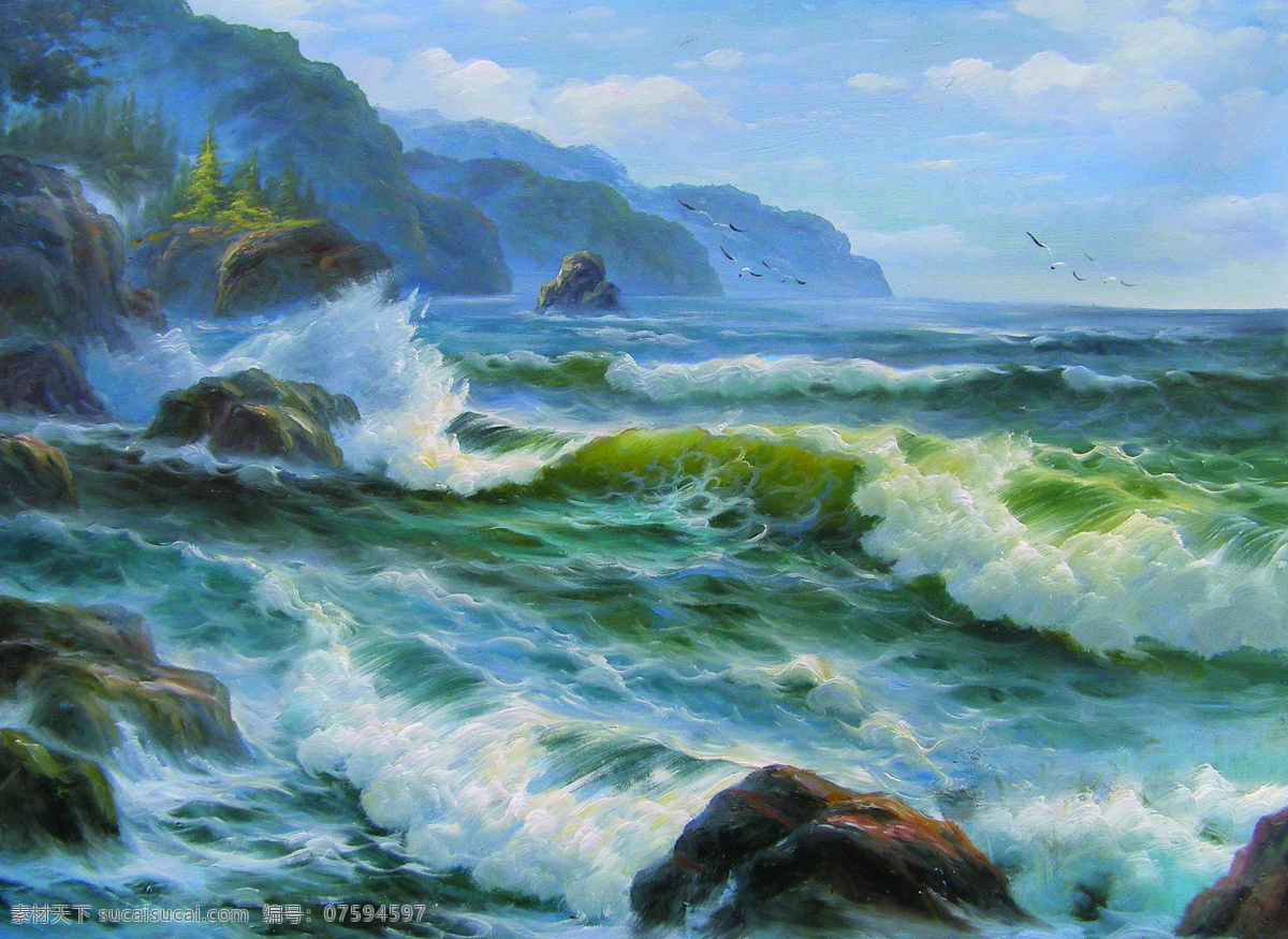 海浪 美术 油画 风景画 大海 海水 浪涛 礁石 海鸥 海岛 油画艺术 绘画书法 文化艺术