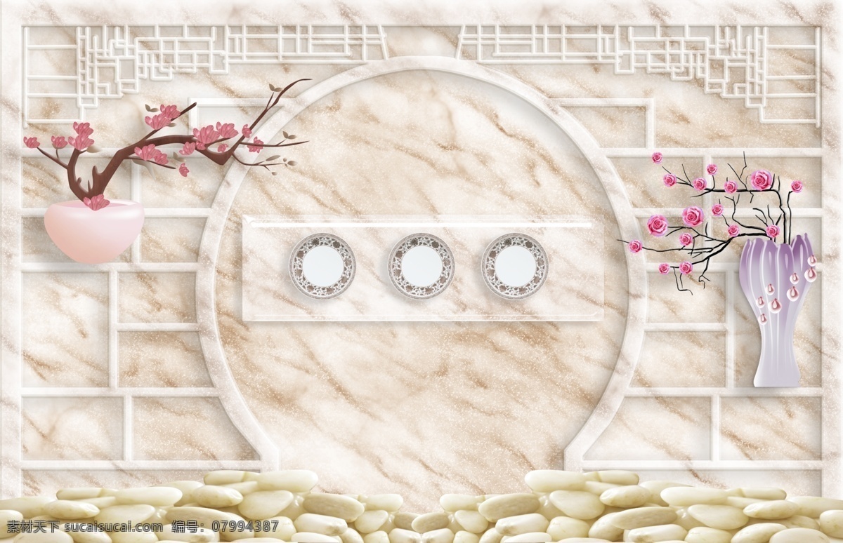 梅花 中式 背景墙 圆拱 大理石底纹 抽象 分层 背景素材