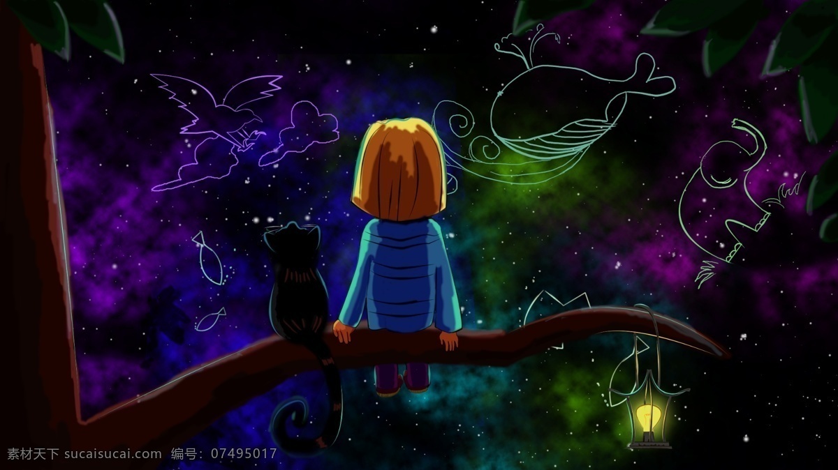 唯美 梦幻 星空 治愈 插画 夜景 装饰画 黑夜
