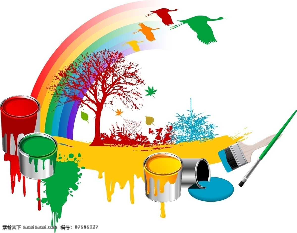 油漆桶 彩虹 树木 大雁 矢量 画笔 绘画 剪影 墨痕 鸟类 色彩 树叶 颜色 油漆扫 液体 水滴 流淌 矢量图 其他矢量图