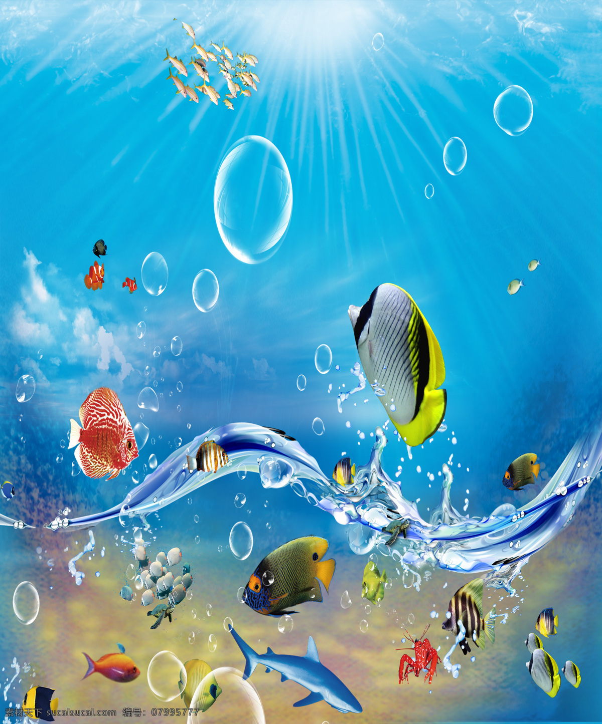 水下 世界 底纹边框 海底 海底世界 蓝色 浪花 热带鱼 水花 移门图案 水下世界 鱼 装饰素材