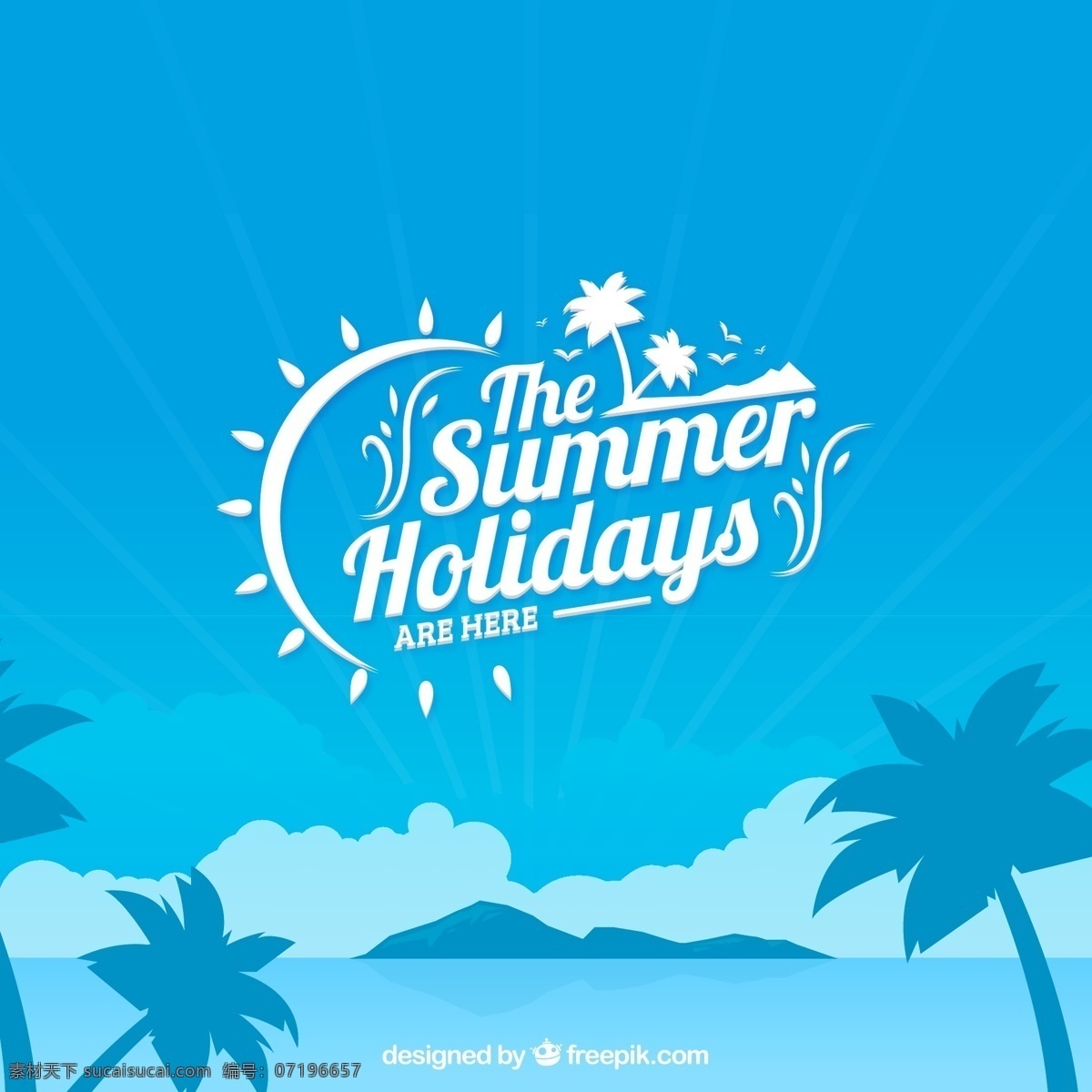 蓝色 夏季 沙滩 海报 矢量 大海 海鸥 岛屿 椰子树 summer holidays 矢量图