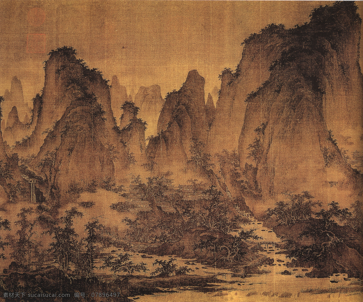 中国名画图稿 室内装饰图 山水风景 棕色