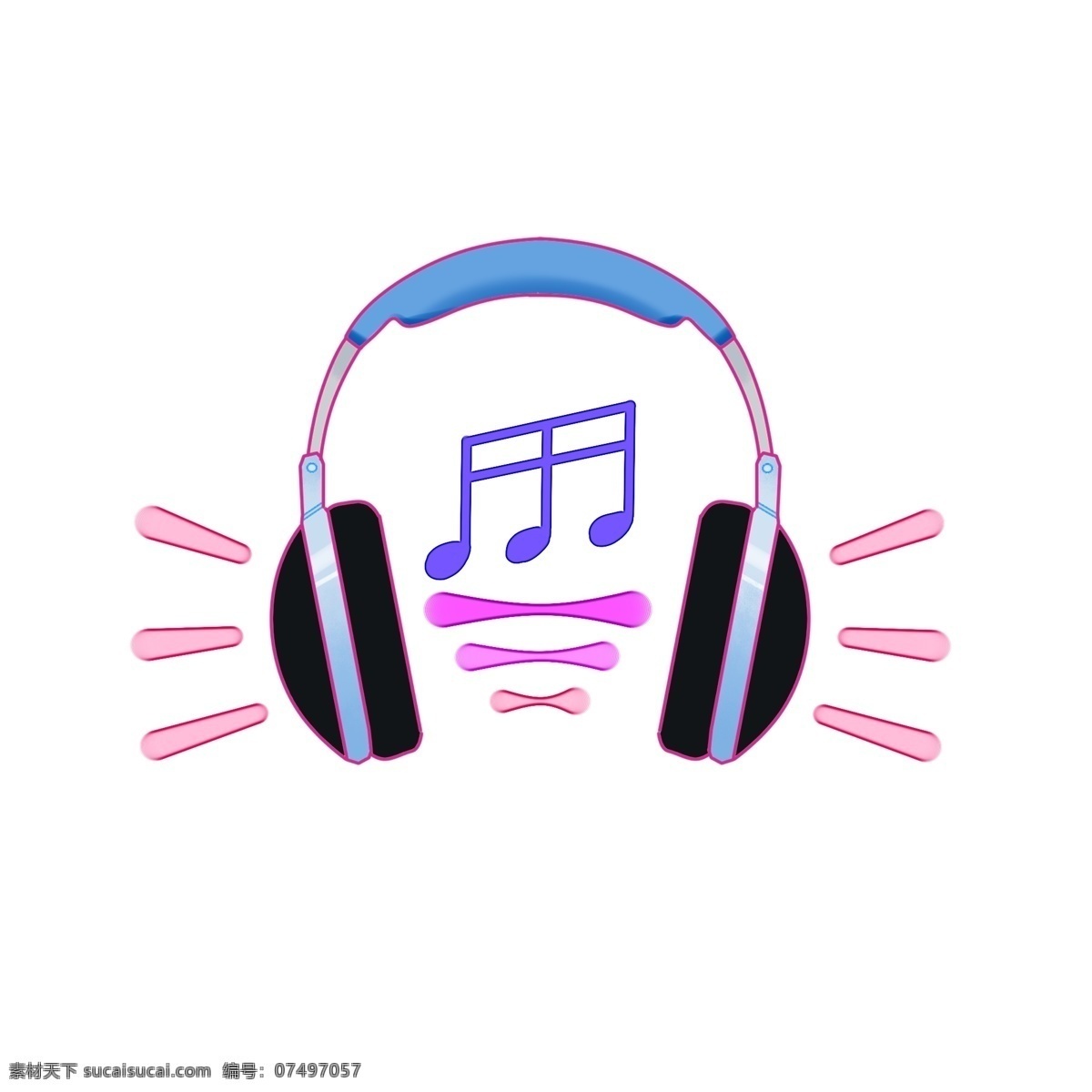 蓝色 头 戴 式 耳机 插画 听音乐 播放工具 蓝色的耳机 头戴式耳机 音乐符号 红色的线条 紫色的音符
