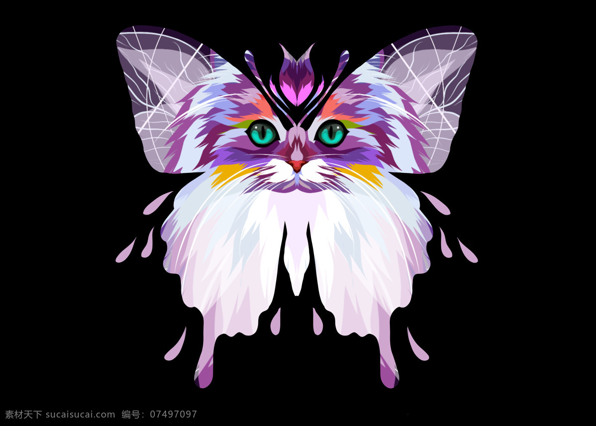 蝴蝶 猫咪 创意 图案 手绘动物 印花 图案素材 动漫动画