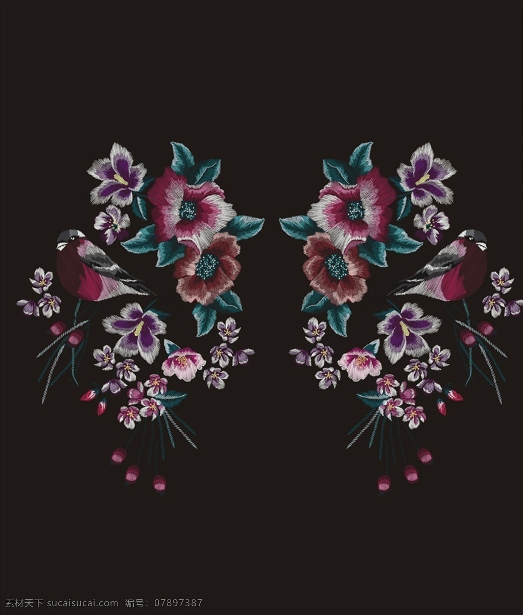 花鸟 绣花 矢量图 潮牌设计 服装设计 图案设计 男装设计 女装设计 童装设计 男装印花 鸟儿与花朵 女装印花 童装印花 潮牌印花 印花图案 绣花图案 花纹花朵刺绣 花纹花朵绣花 小鸟 手绘鸟 报喜鸟 鸟绣花 鸟刺图案 鸟矢量图 喇叭花 喇叭花矢量 精品矢量图案 出售 绣花素材 花草绿叶 花朵绿叶 花草矢量图 刺绣 效果