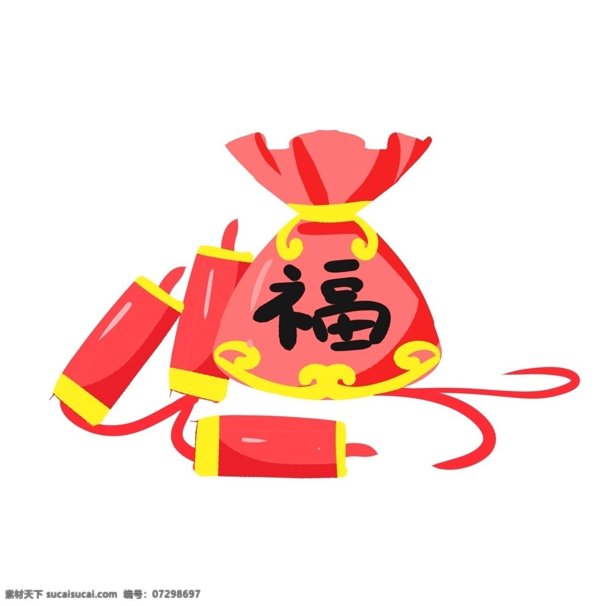 春节 喜庆 红色 福字 手绘 插画 鞭炮 中国结 新年 新春 春字 装饰图案 年夜饭 传统习俗 放鞭炮