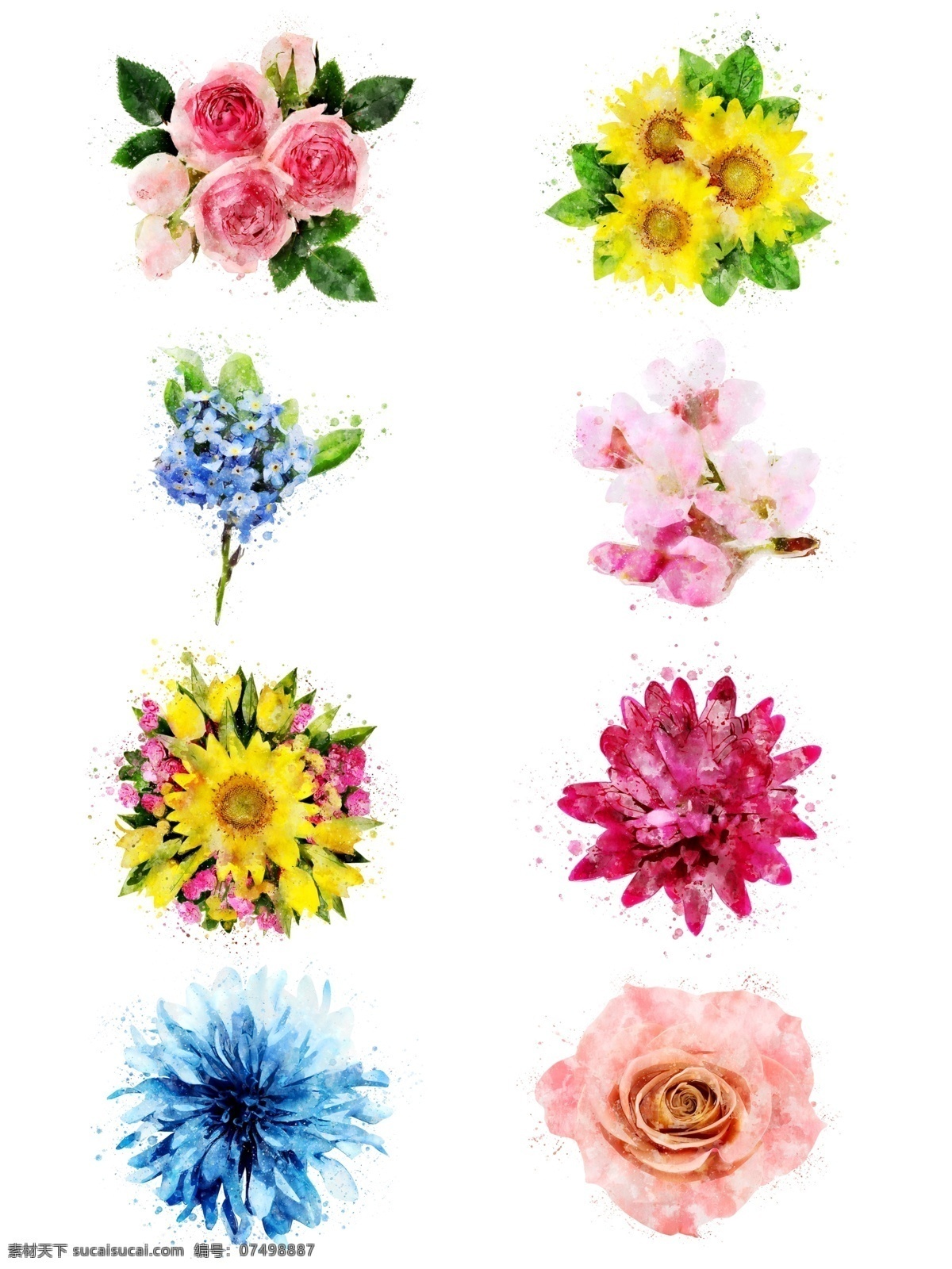 手绘 水彩 花卉 玫瑰 向日葵 桃花 元素 合集 黄色 蓝色 鲜花 粉色 一簇花卉 花团 原创
