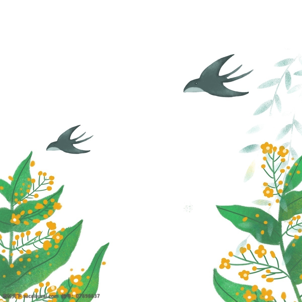 春天 植物 燕子 图案 树叶 小燕子 手绘 绘画 简约 创意 小清新 装饰 水彩 插画