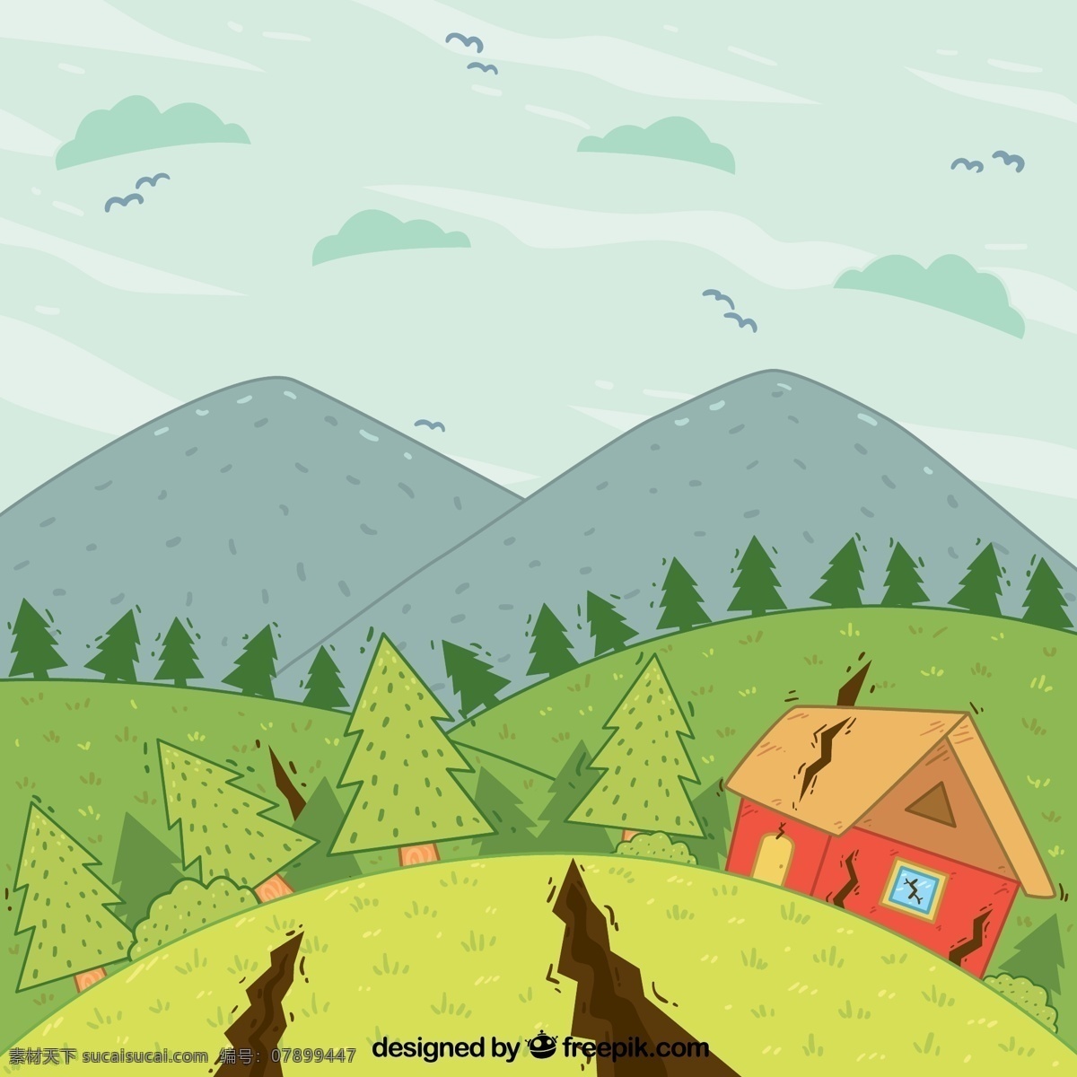 创意 地震 灾害 插画 矢量 山 裂缝 房屋 树木 森林 自然灾害 动漫动画 风景漫画