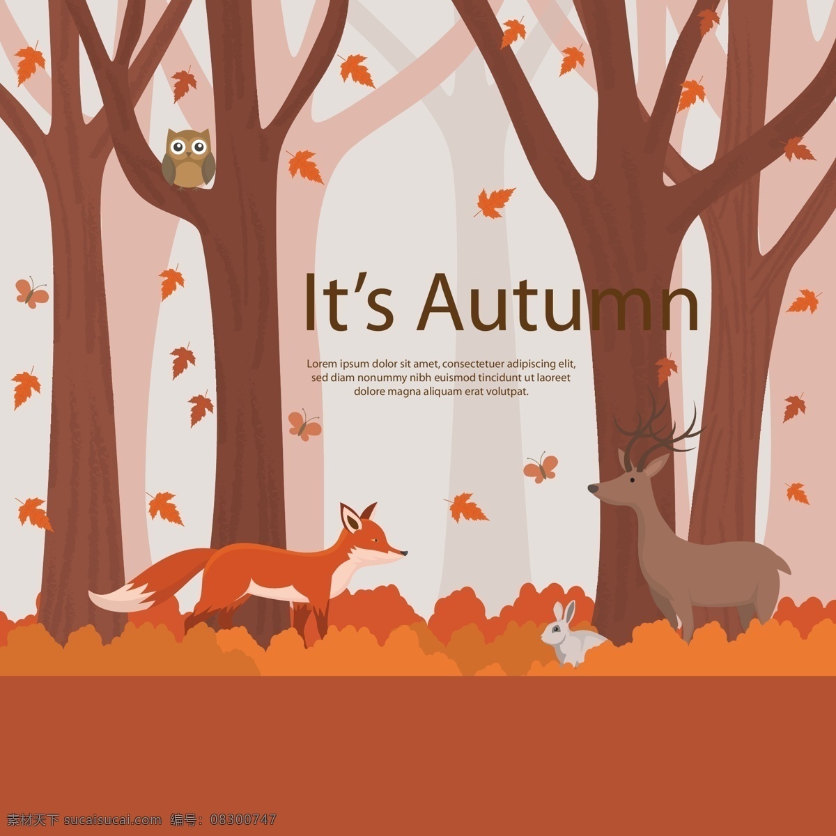 秋天 树林 插画 大树 树木 落叶 动物 唯美 场景 风景