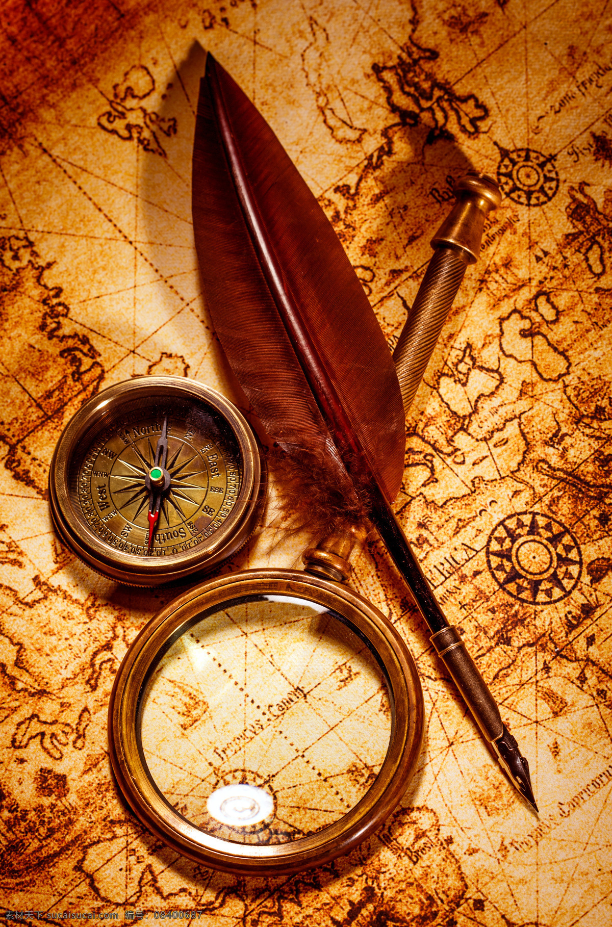 放大 羽毛 笔 放大镜 羽毛笔 指南针 望远镜 怀旧地图 古老地图 探险元素 其他类别 生活百科