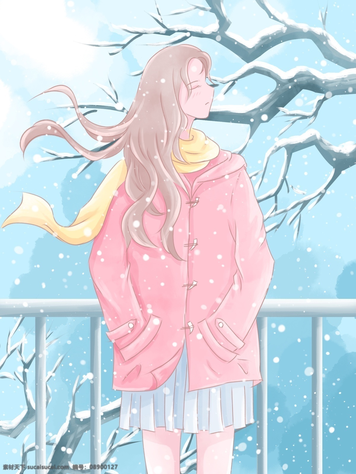 月 你好 水彩 插画 雪 中 长发 女孩 冬天 雪景 树枝 清新 壁纸 12月你好 12月 积雪 大衣 围巾 少女 背景