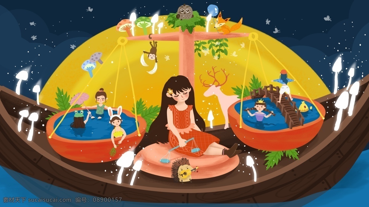 原创 手绘 插画 十二星座 天秤座 女孩 船 月亮 动物 植物 十二 星座 天秤 秤 夜晚 蘑菇 水池 手绘插画