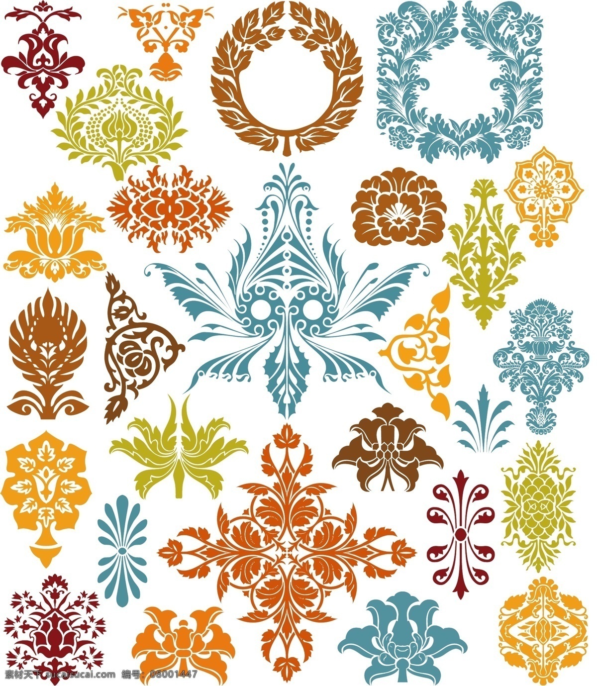 装饰 元素 彩色 橄榄枝 花纹 模板 设计稿 素材元素 图案 叶子 源文件 矢量图