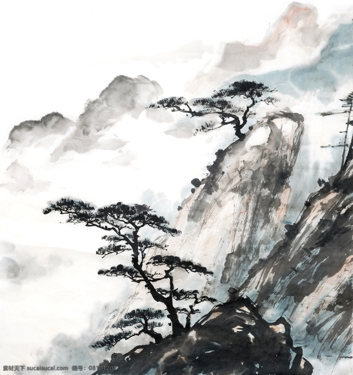 水墨 松树 高山 云层 图 中国画 迎客松 高 文化艺术 绘画书法