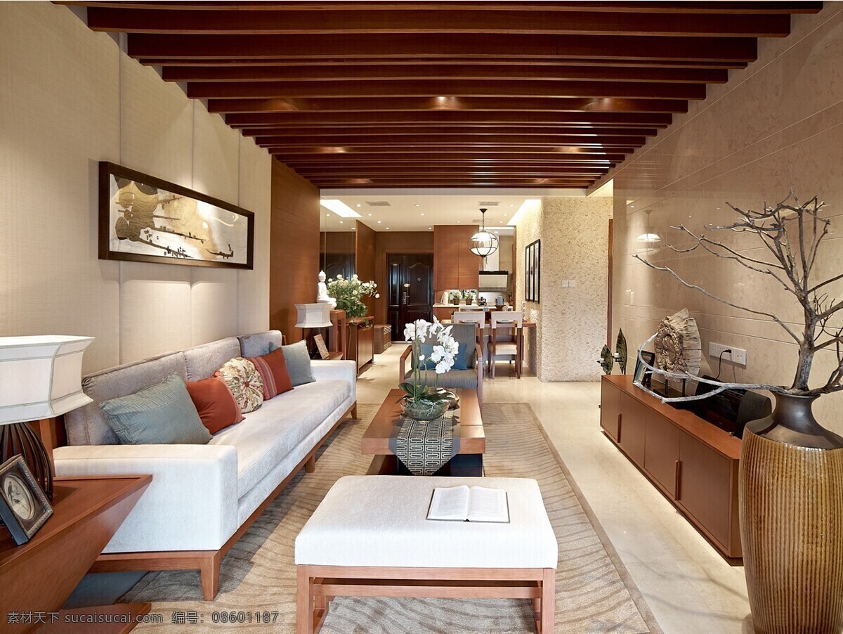 中式 清雅 客厅 木制 天花板 室内装修 效果图 客厅装修 白色地板 浅色地毯 木制电视柜