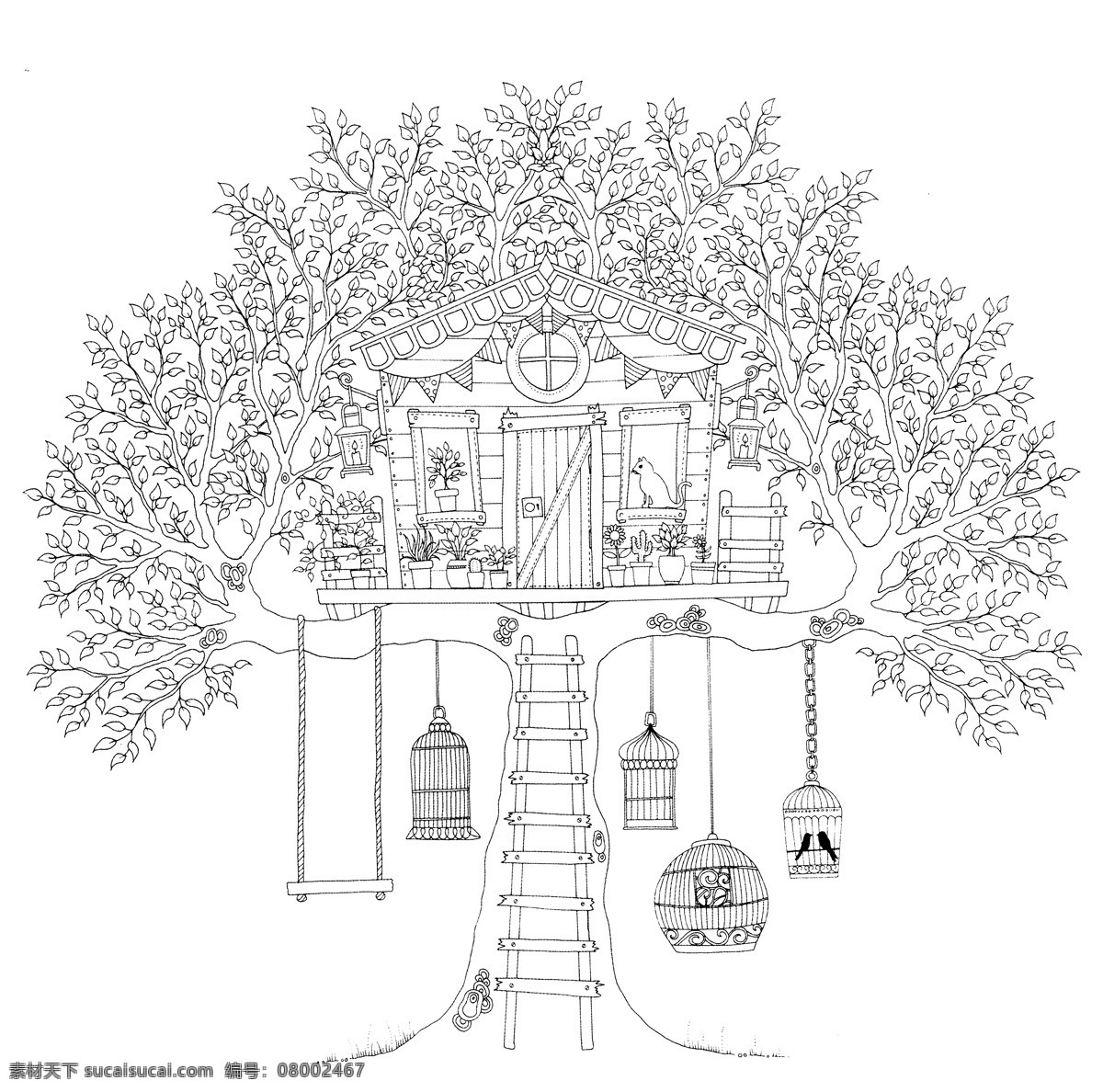 秘密花园 手绘 涂色 探索 奇境 绘本 秘密 树 奇幻 神奇 梦想 卡通 线描 填色 文化艺术 绘画书法