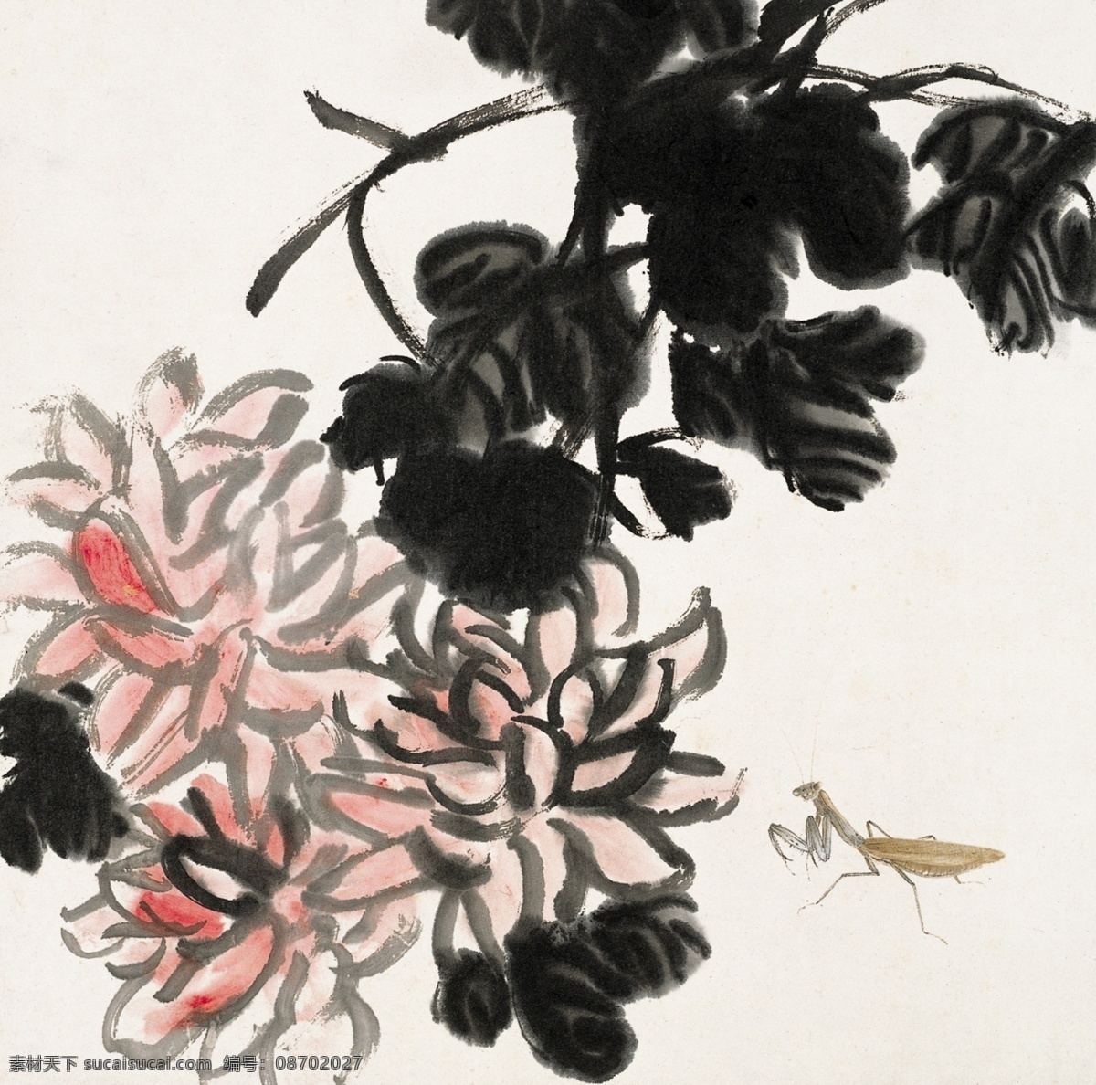 工笔画 国画 花鸟 绘画书法 齐白石 山水 设计图库 花中螳螂 齐白石国画 齐璜 水墨画 螳螂捕蝉 白石老人 树木 写意 书画 文化艺术 印章 装饰素材 雕刻 图案