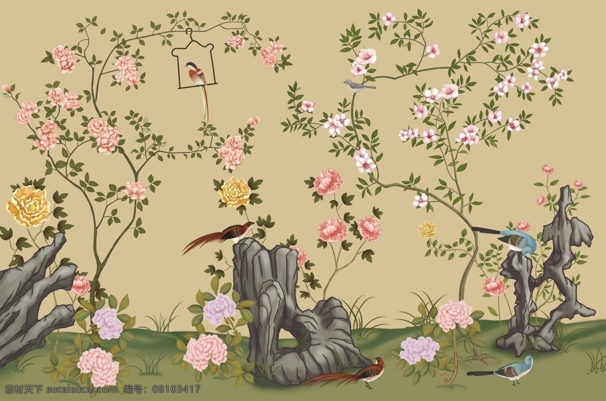 花枝 花朵 树枝 报喜鸟 花草 背景图 风景画 无框画 分层 源文件