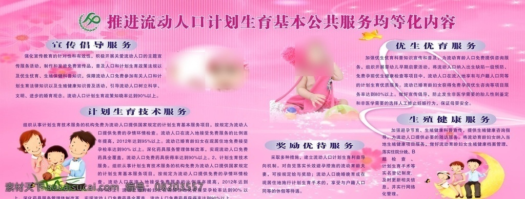 流动人口 宣传栏 均等化服务 宣传倡导服务 优生优育 生殖健康 奖励优待 计划生育技术 卡通一家人 宝宝 粉色模板 计划生育