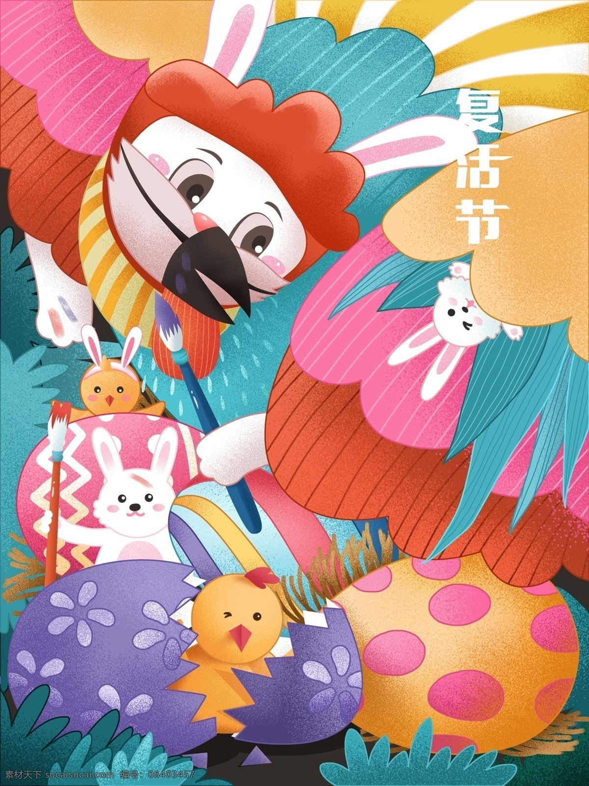 原创 手绘 插画 复活节 节日 兔子 彩蛋 蛋 鸡 卡通 动物 手绘插画