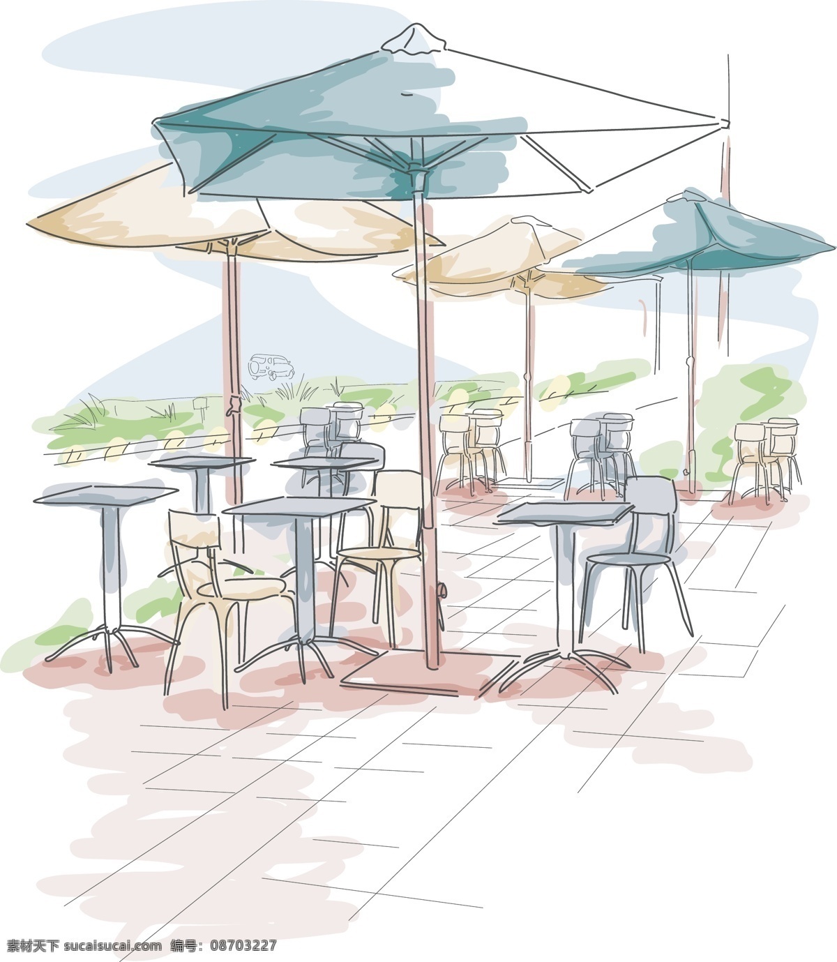 手繪咖啡座 手繪 咖啡座 太陽傘 素描 草圖 建筑家居 矢量