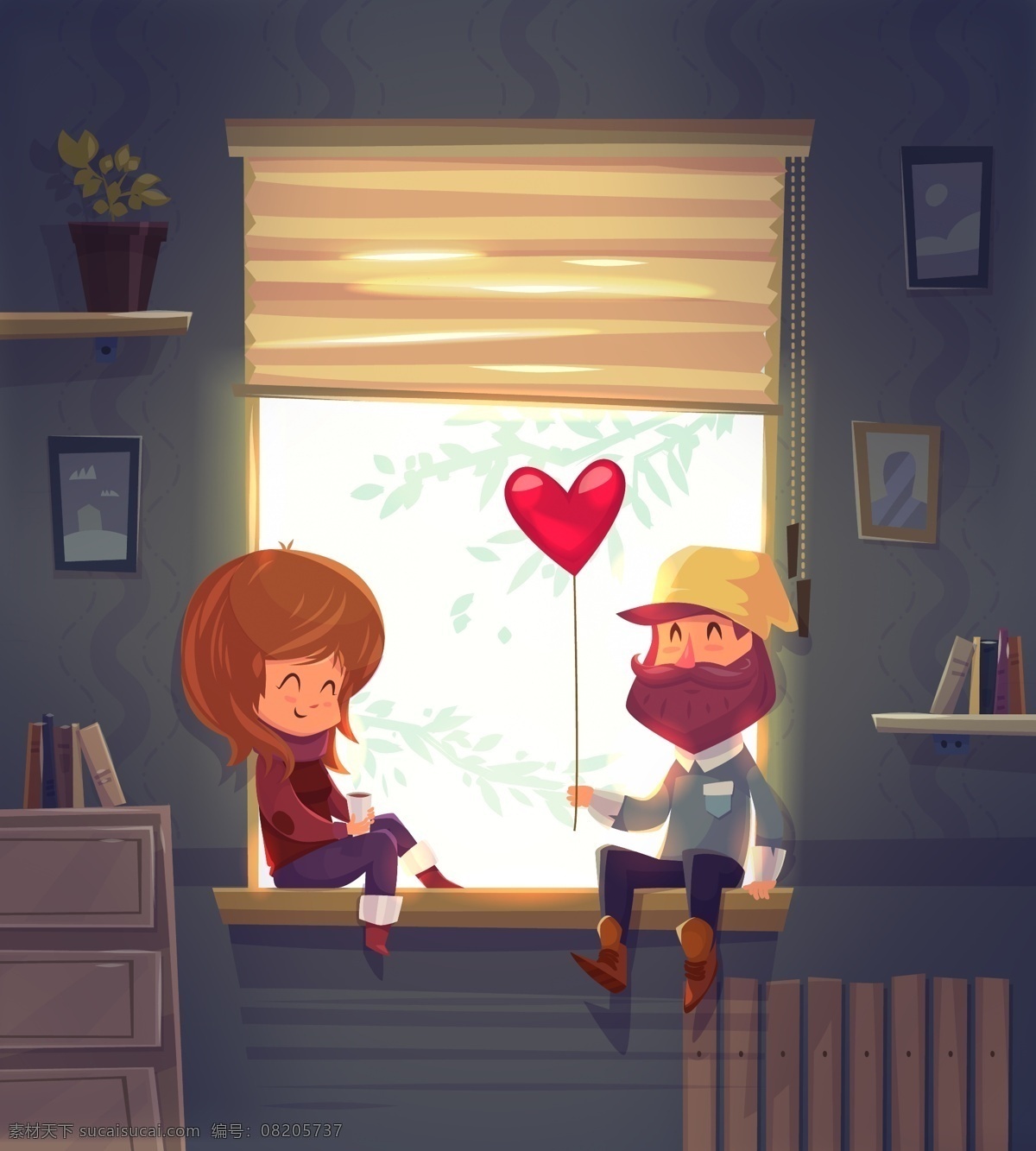 坐在 窗台 上 情侣 人物 爱情 插画 浪漫
