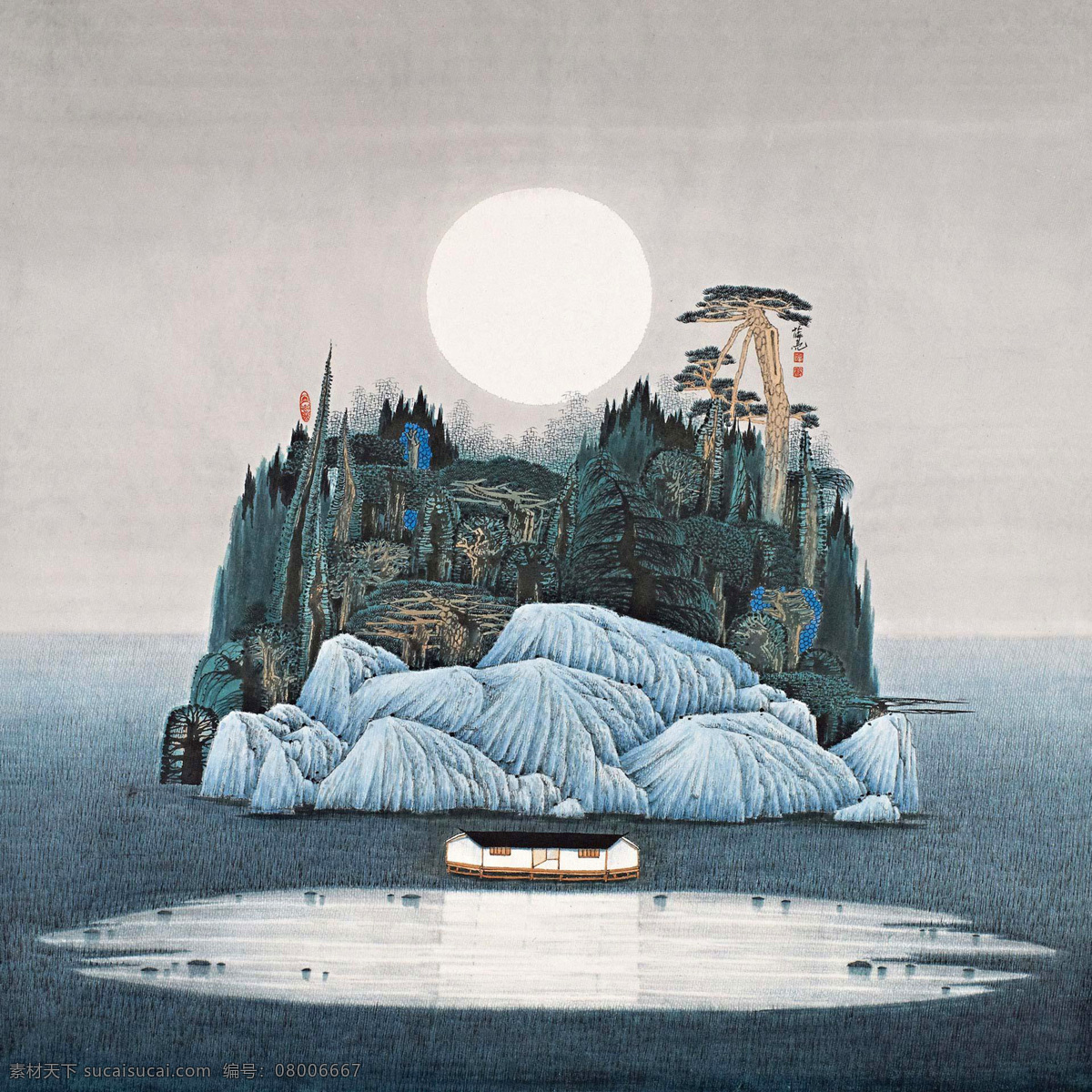 薛亮 作品 月下 深山 中式 山水 禅意 文化艺术 绘画书法